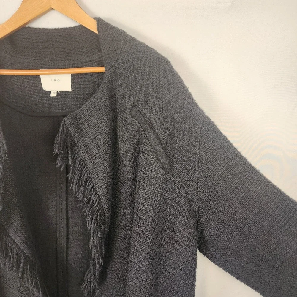 Iro Cauley Black Tweed Fringe Cotton Jacket‎ Women's Size 36